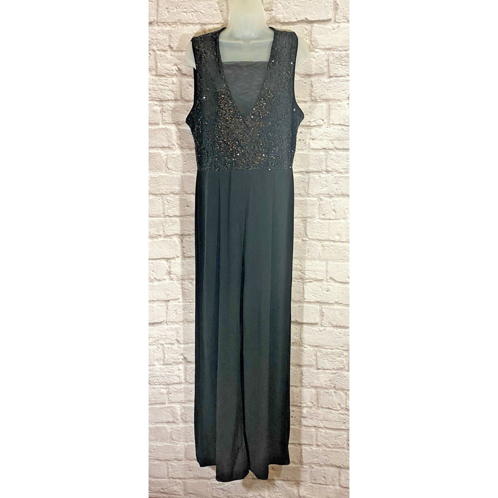 Boston Proper Black Sequin Jumpsuit 14 Stretchy Deep V Sheer Panel Partyβ Formal